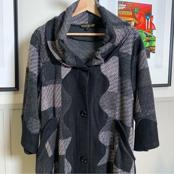 Women’s Wool Blend Black Gray Geometric Print Button Up Cardigan Sweater Size L - Picture 13 of 15